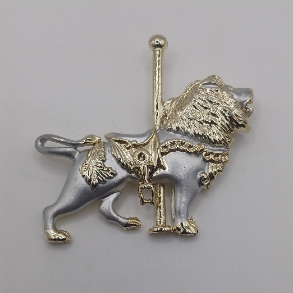 Lion Carousel Brooch in Silver and Gold Tones